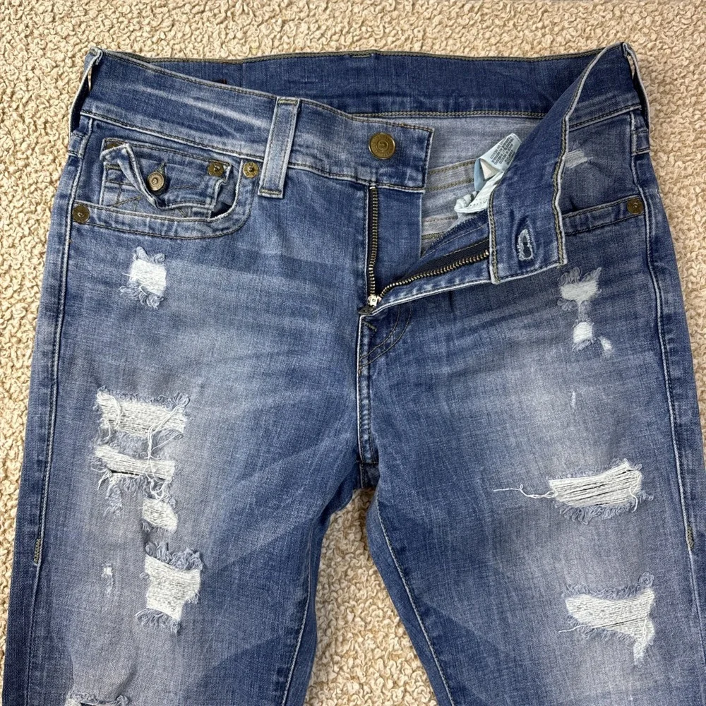 True Religion Jeans Mens 31x33 Blue ROCCO Relaxed Skinny Whiskered Distressed